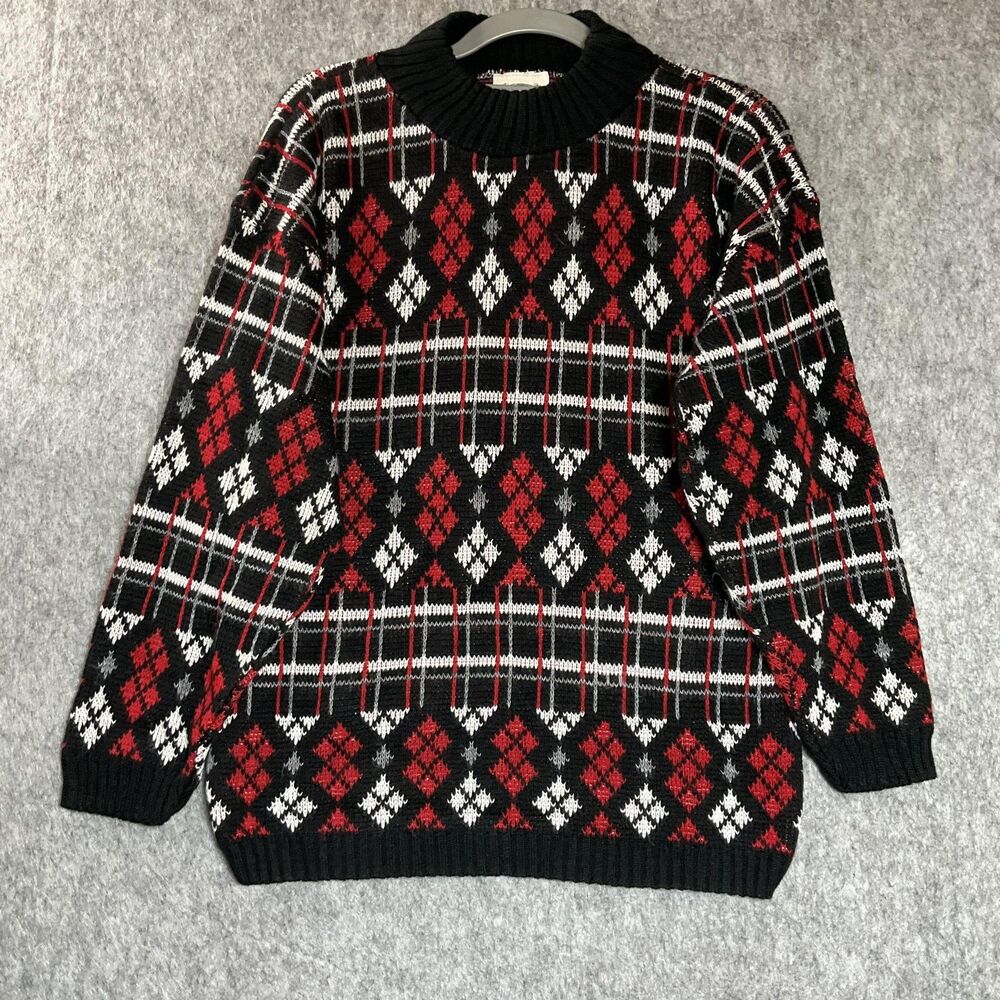 Vintage Sweater Womens Large Black Argyle Mock Neck Cottage Retro Made USA 90s